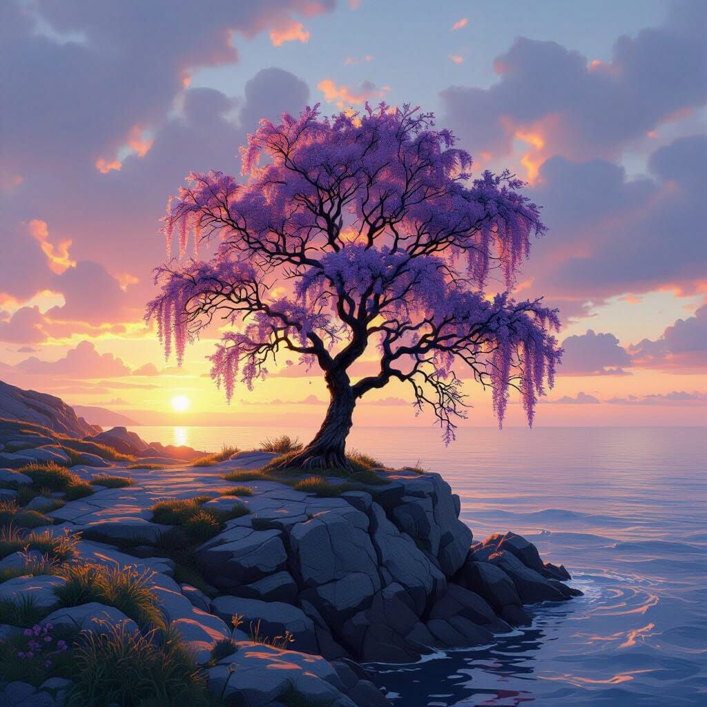 Purple Weeping Willow on Cliff at Sunset