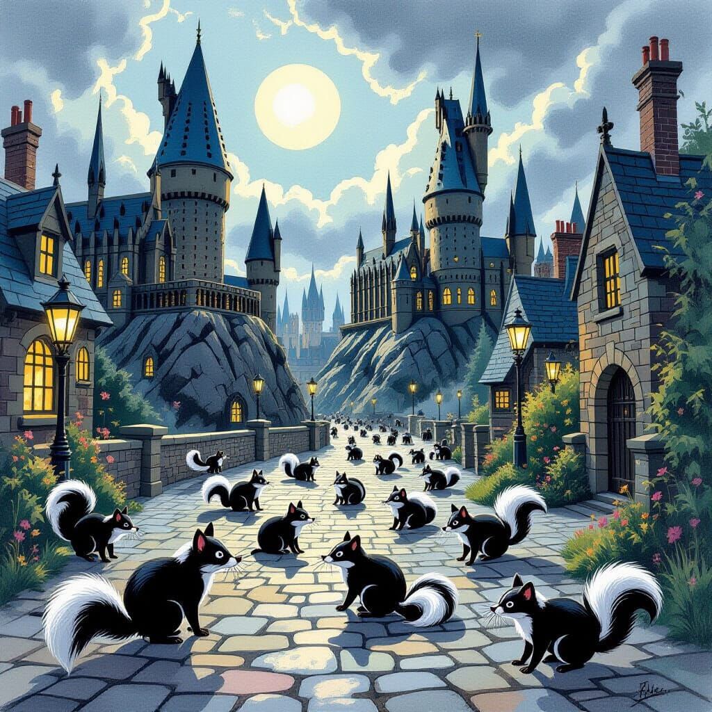 Skunk Invasion on Harry Potter Set Gouache Painting