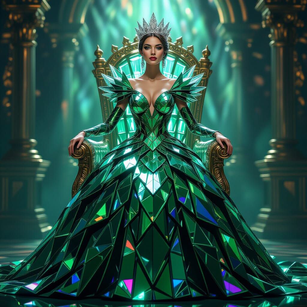 Regal Queen in Shimmering Emerald Glass Gown