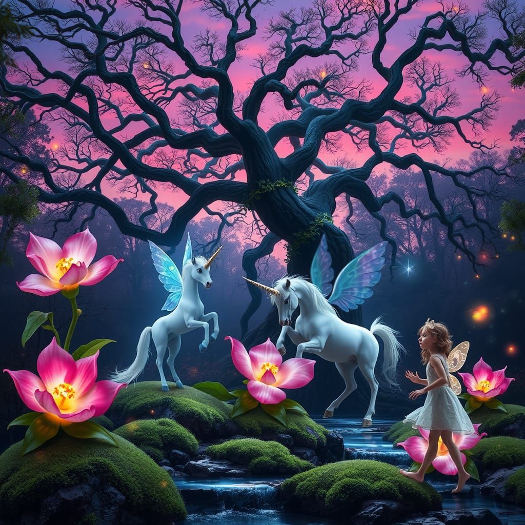 Enchanted Twilight Forest with Unicorn and Fairy
