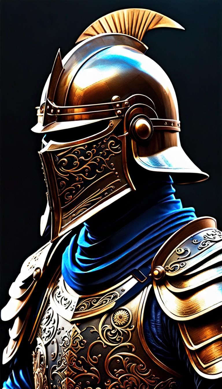 Fantasy knight with Samaria and Egyptian inspiration, bronze, silver, and copper armor.