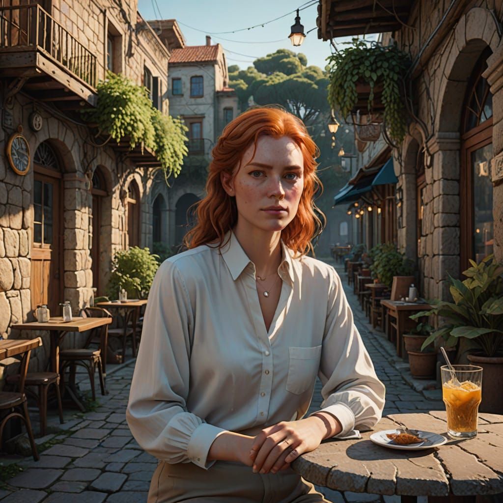 Woman in Whimsical Turkish Cafe Scene in Fantasy Concept Art...