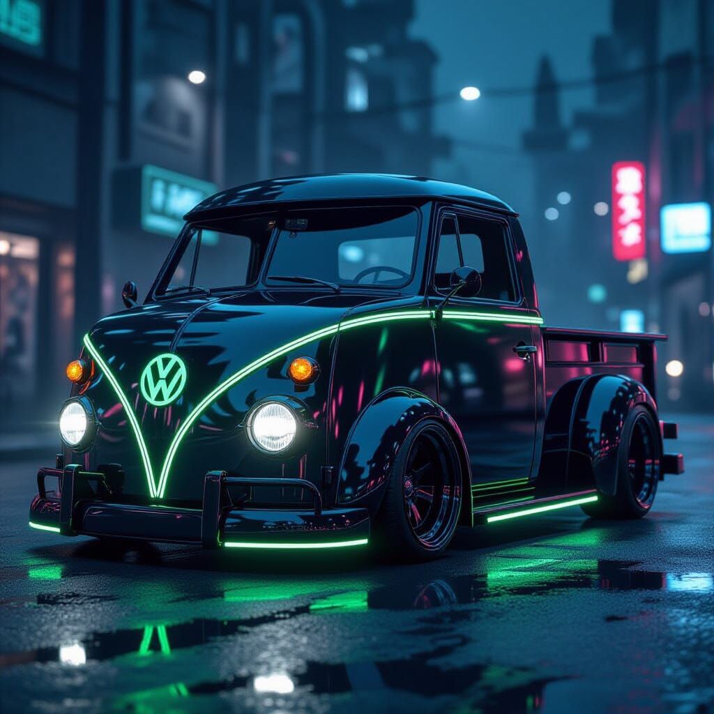 Cyberpunk VW T1 Pickup Truck with Neon Accents