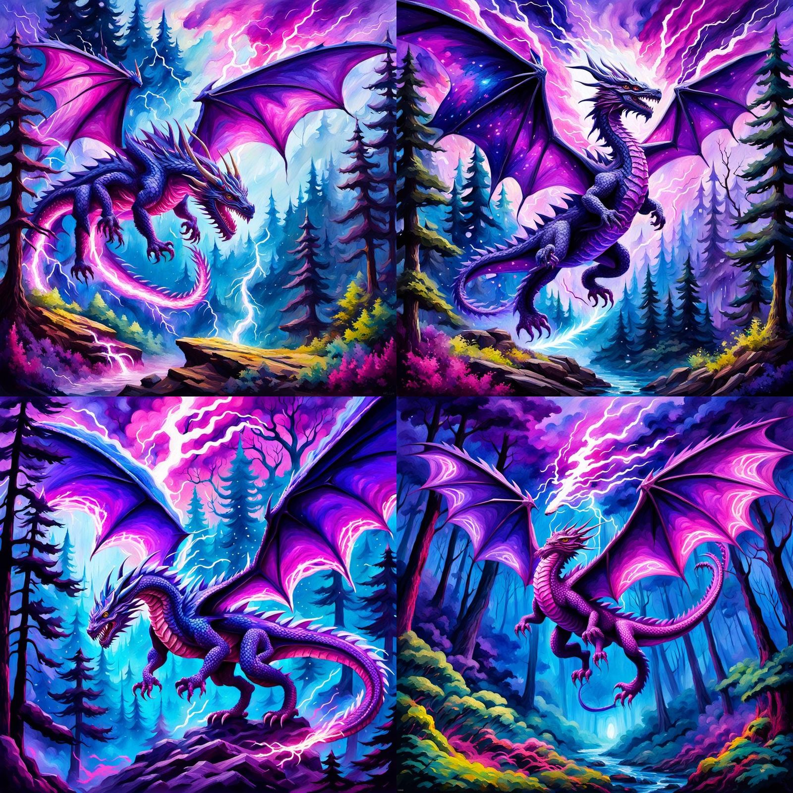 Lightning Dragon Over Forest as Impressionist Gouache