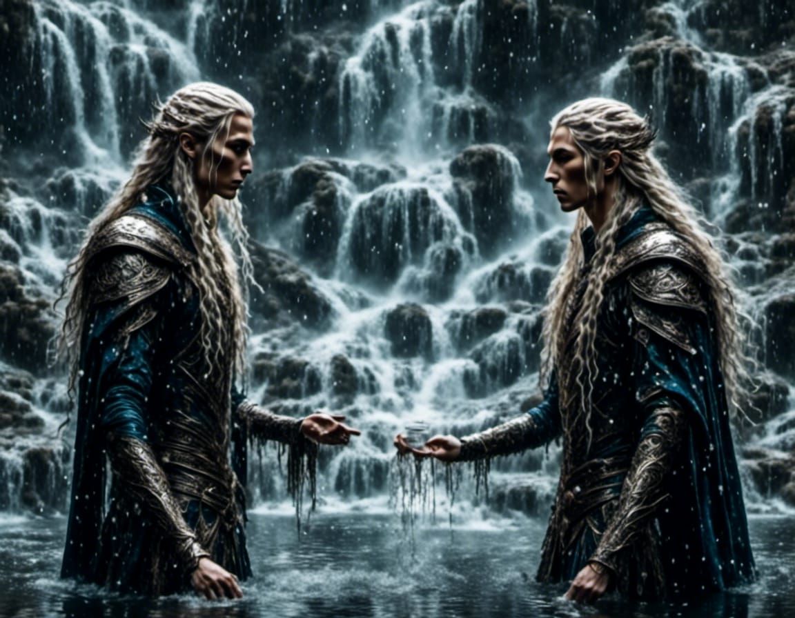 Two Elven males, twins. Handsome. Ethereal. Standing opposite each other within a round, magical pool. Gods. Conjuring s...
