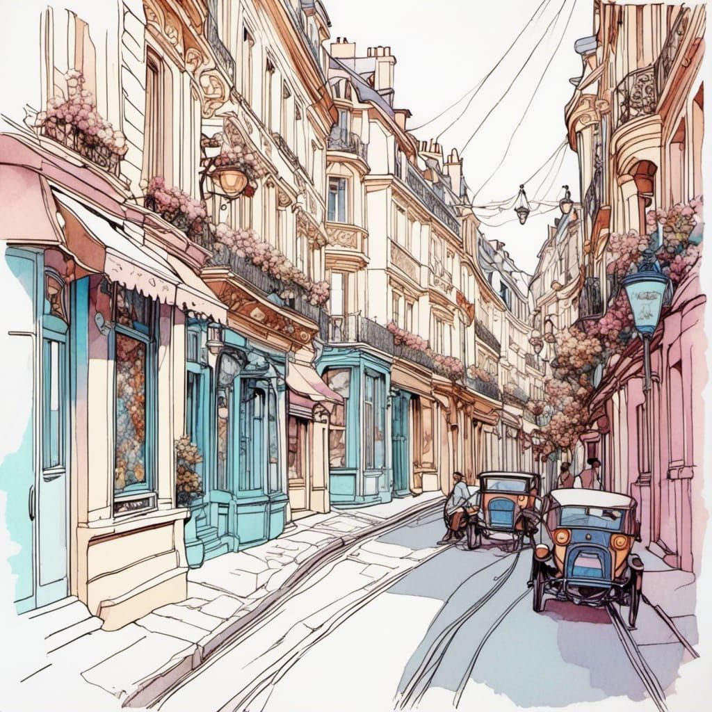 Paris Street in Art Nouveau Style