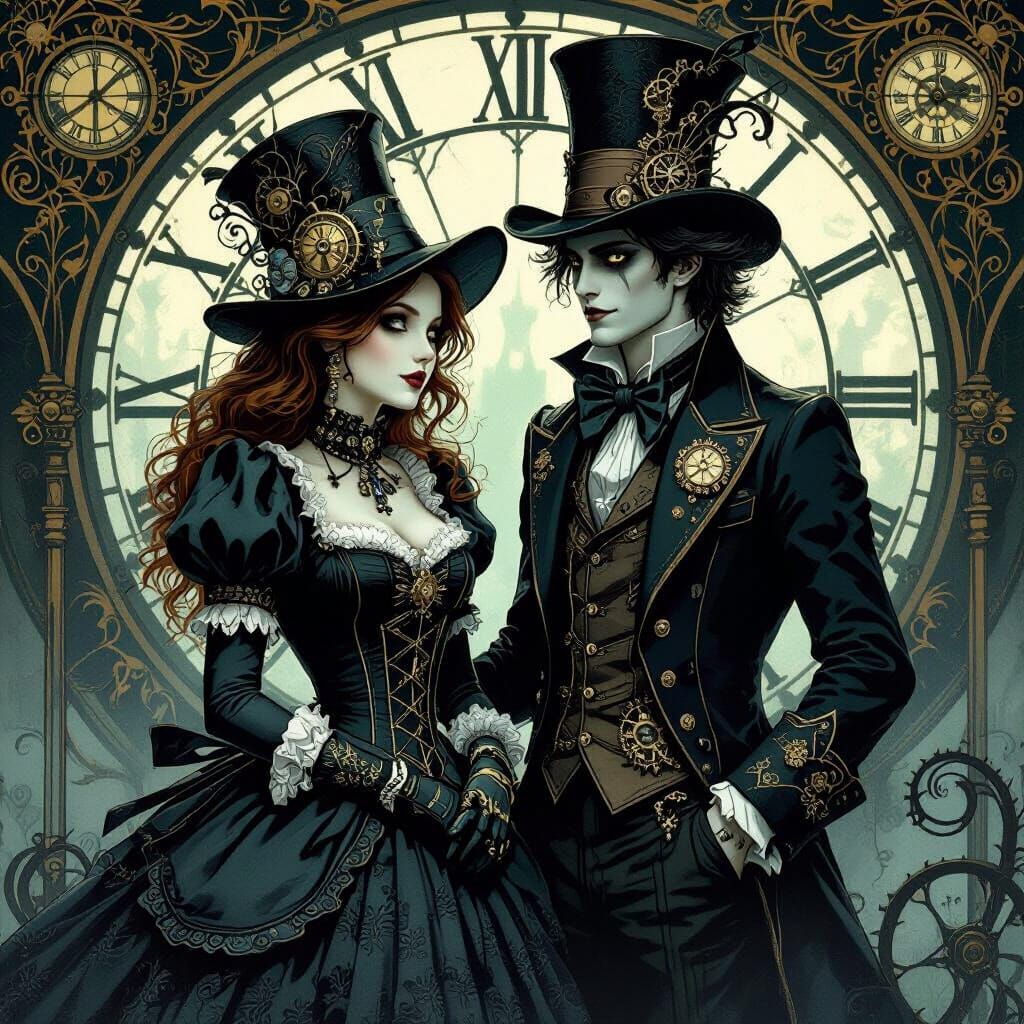 Steampunk Alice and Mad Hatter in Gothic Art Nouveau Style