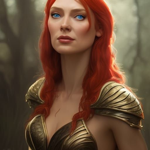 Galadriel as Red Sonja: Hyperdetailed Portrait