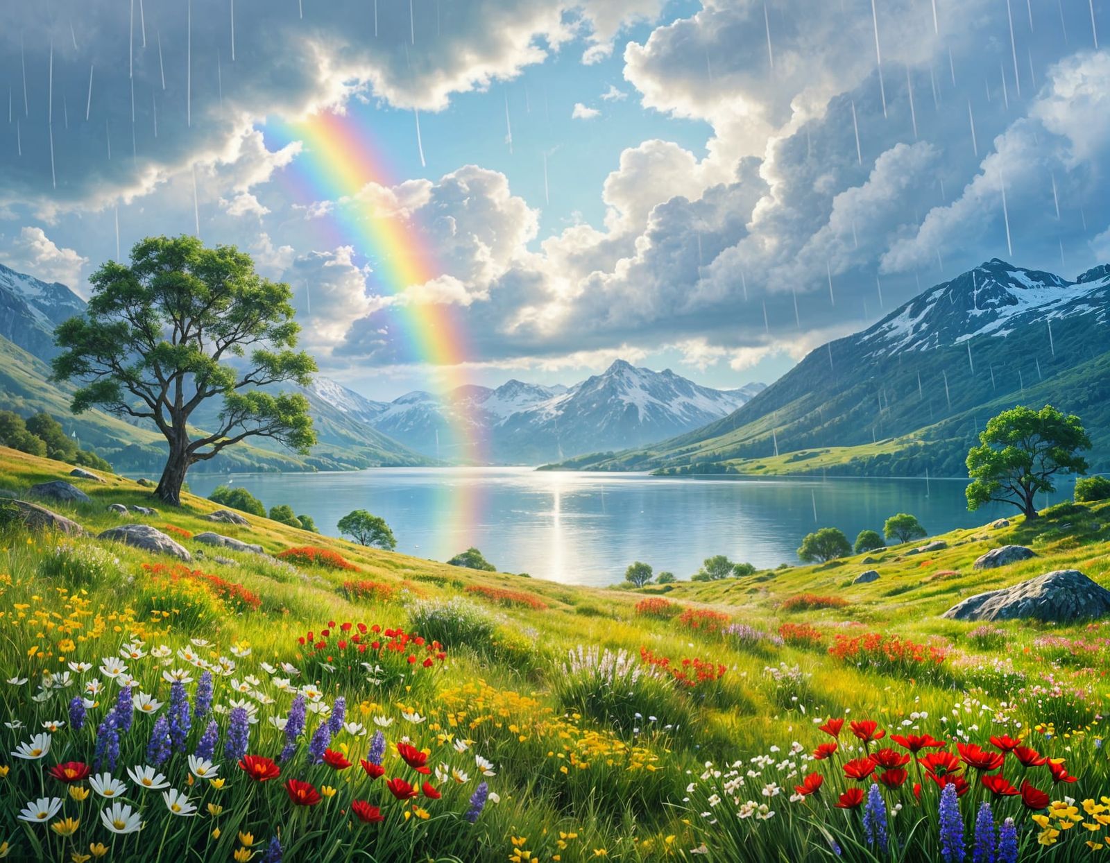 Rainy Summer Afternoon Landscape with Wild Flowers