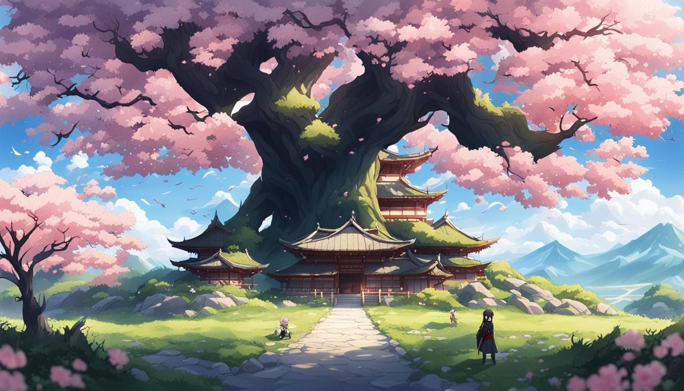 Sword Garden with Sakura Tree in Anime Style