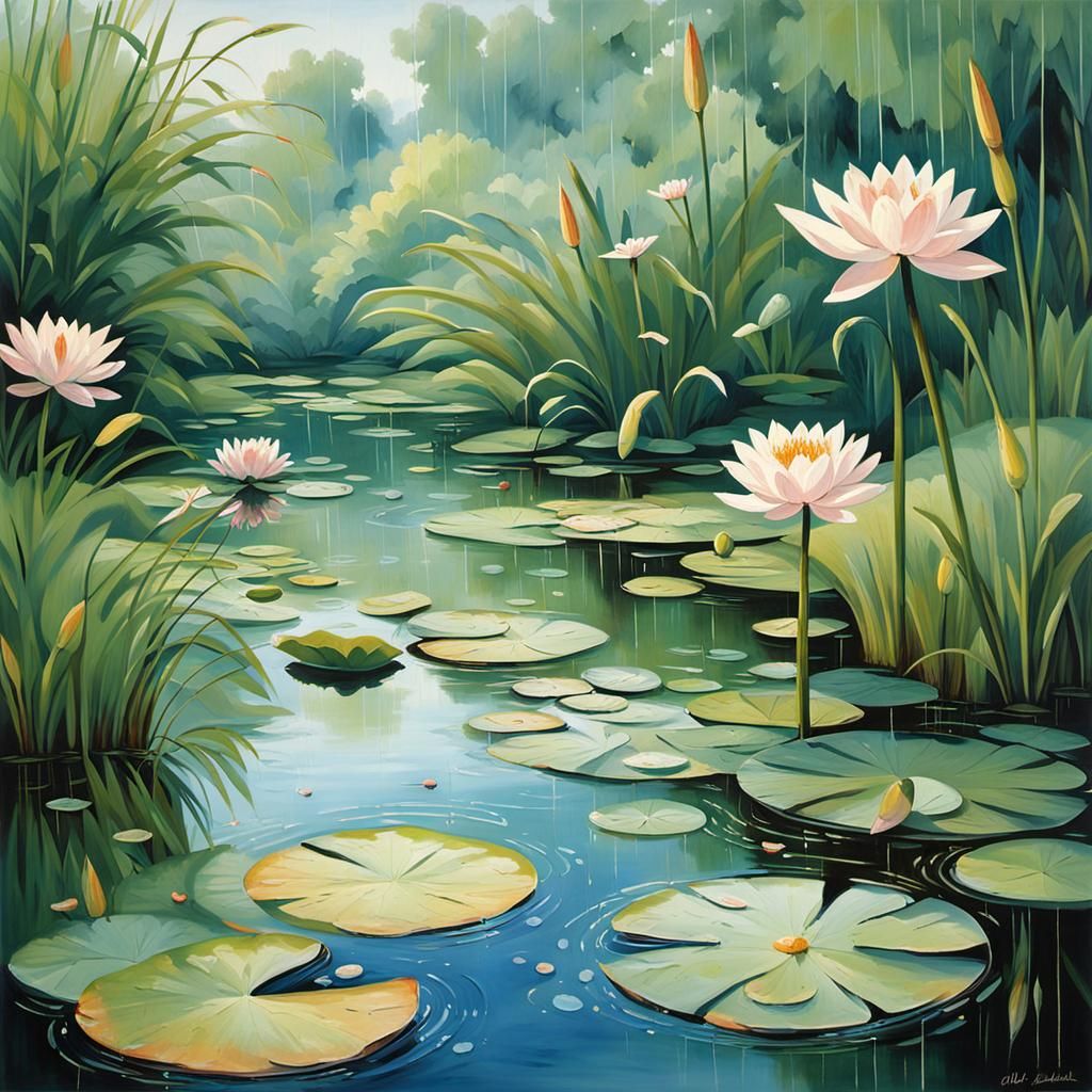 Rainy Pond Oil Painting with Water Lilies