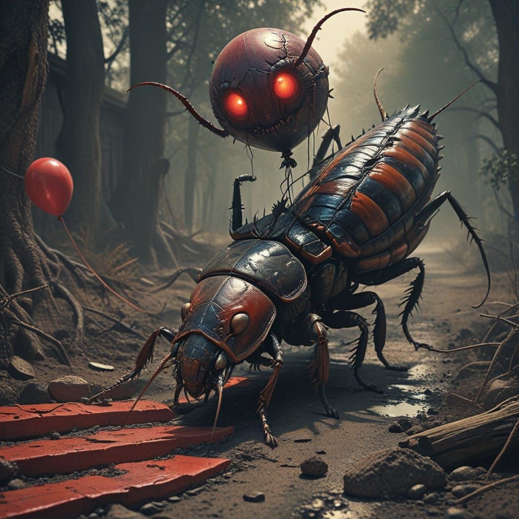Giant Cockroach with Red Balloon on Rural Road