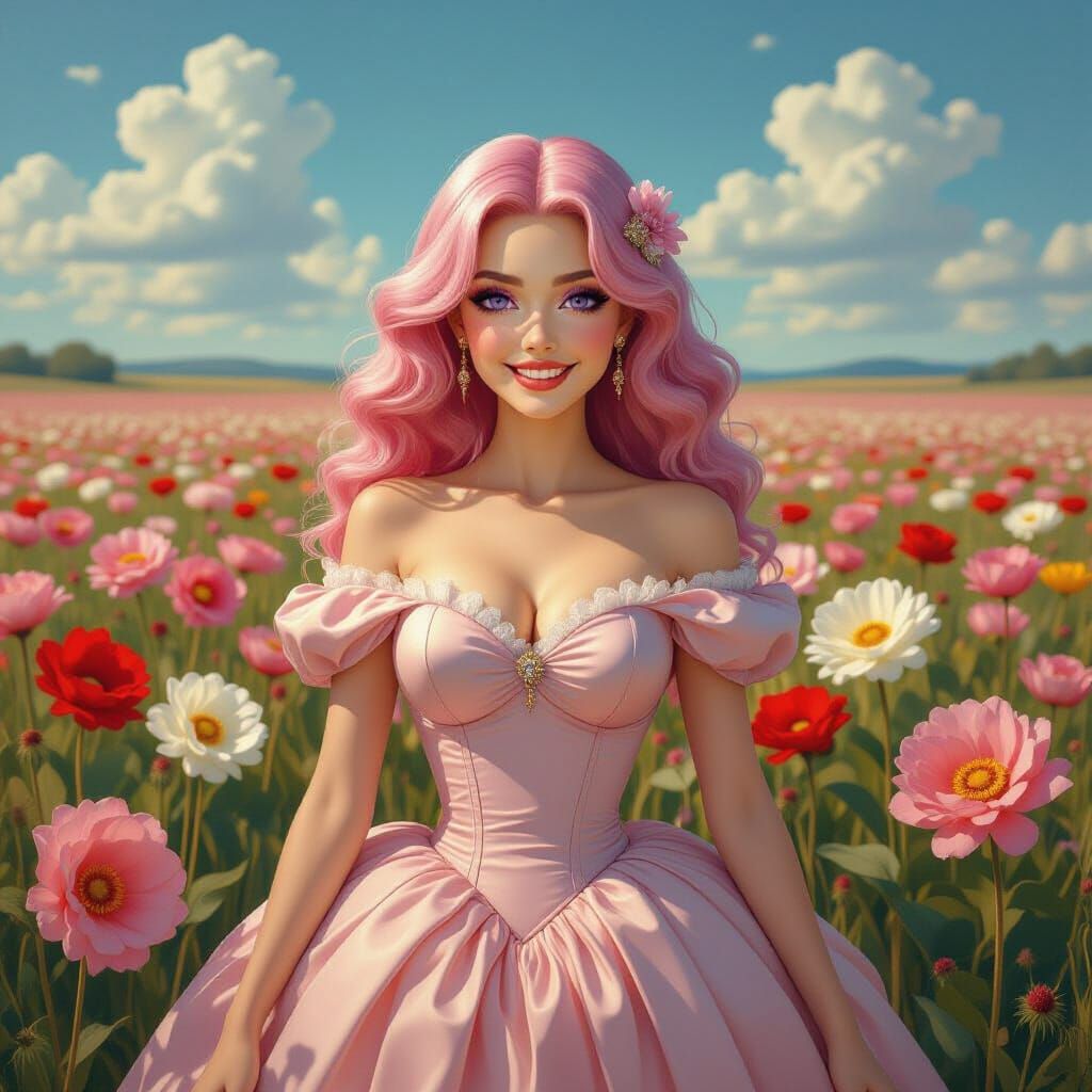 Pink Haired Woman in Giant Flowers, Surrealist Style