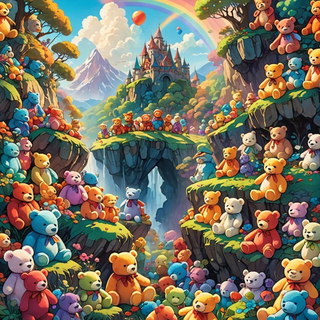 Rainbow Teddy Bears in Whimsical Landscape