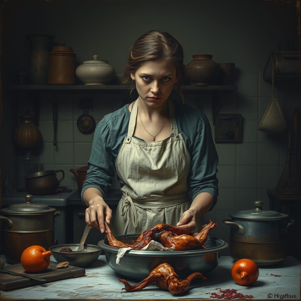 Madwoman in a Grim Kitchen Scene