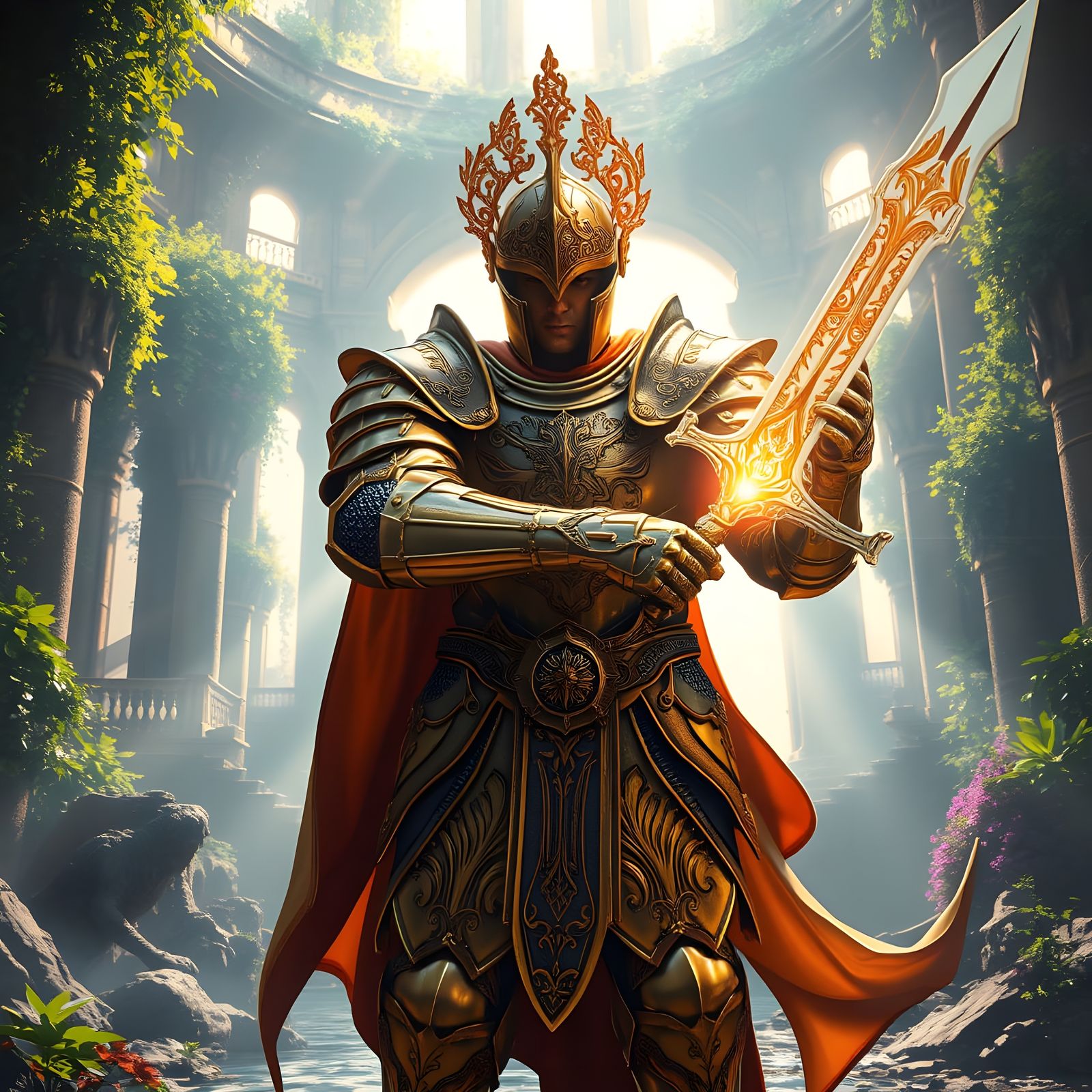 Epic Knight in Golden Armor and Sword, Against Ancient Ruins
