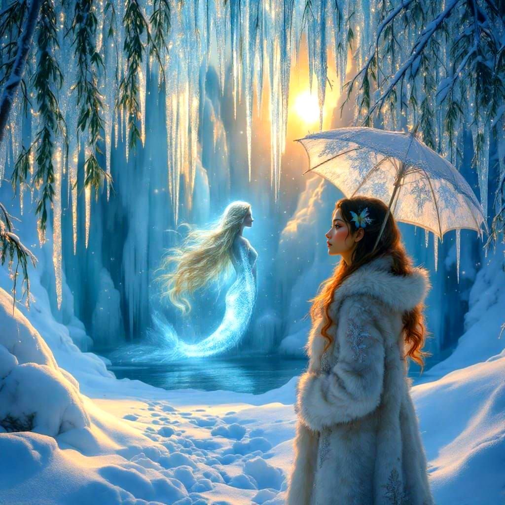 Ethereal Winter Wonderland with Frozen Waterfall and Mermaid