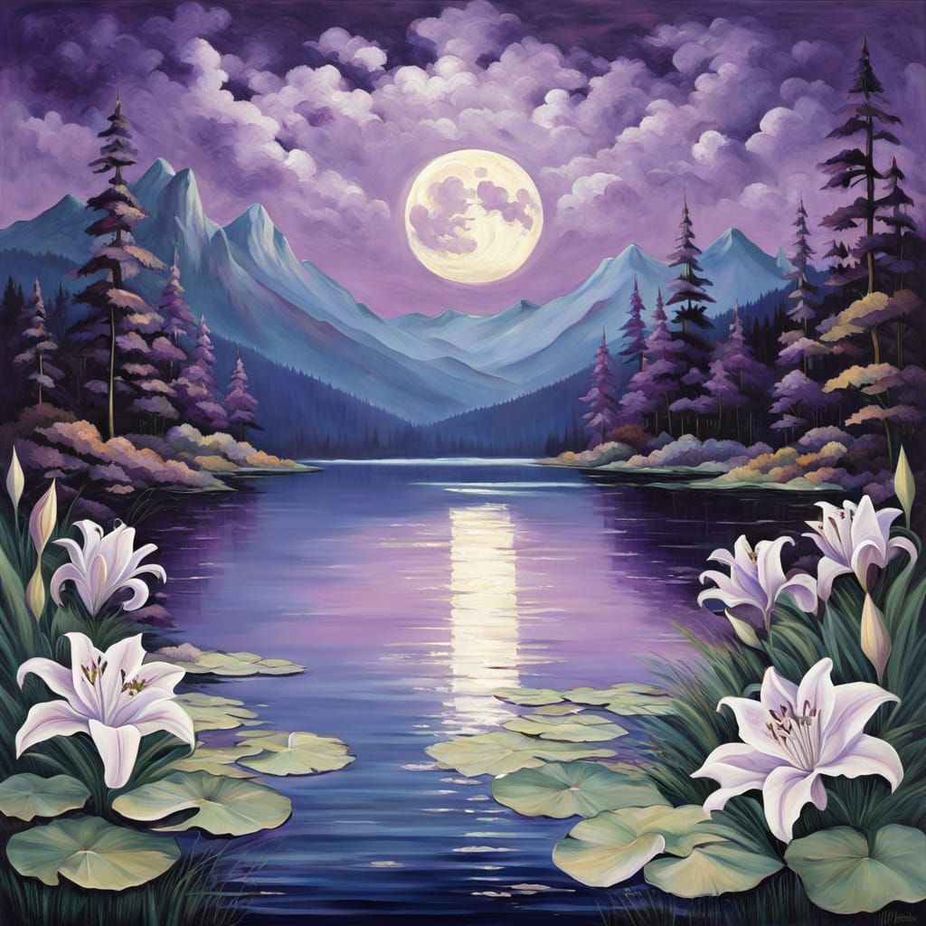 Painterly Landscape with Lilies and Moonlit Lake