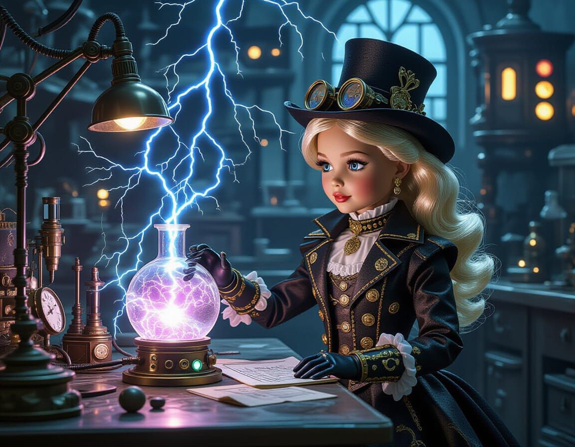 Steampunk Barbie in Mad Science Lab with Lightning