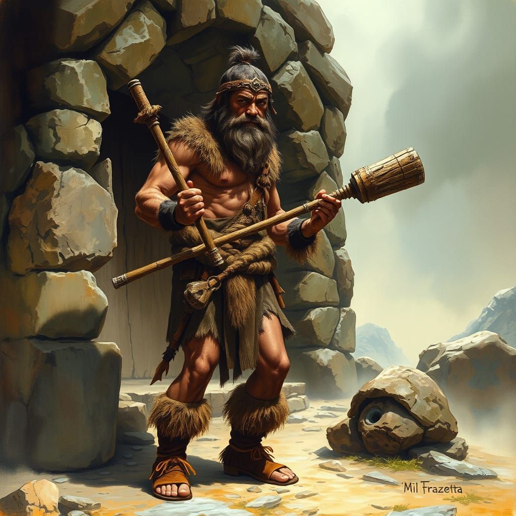 Caveman in Prehistoric Landscape