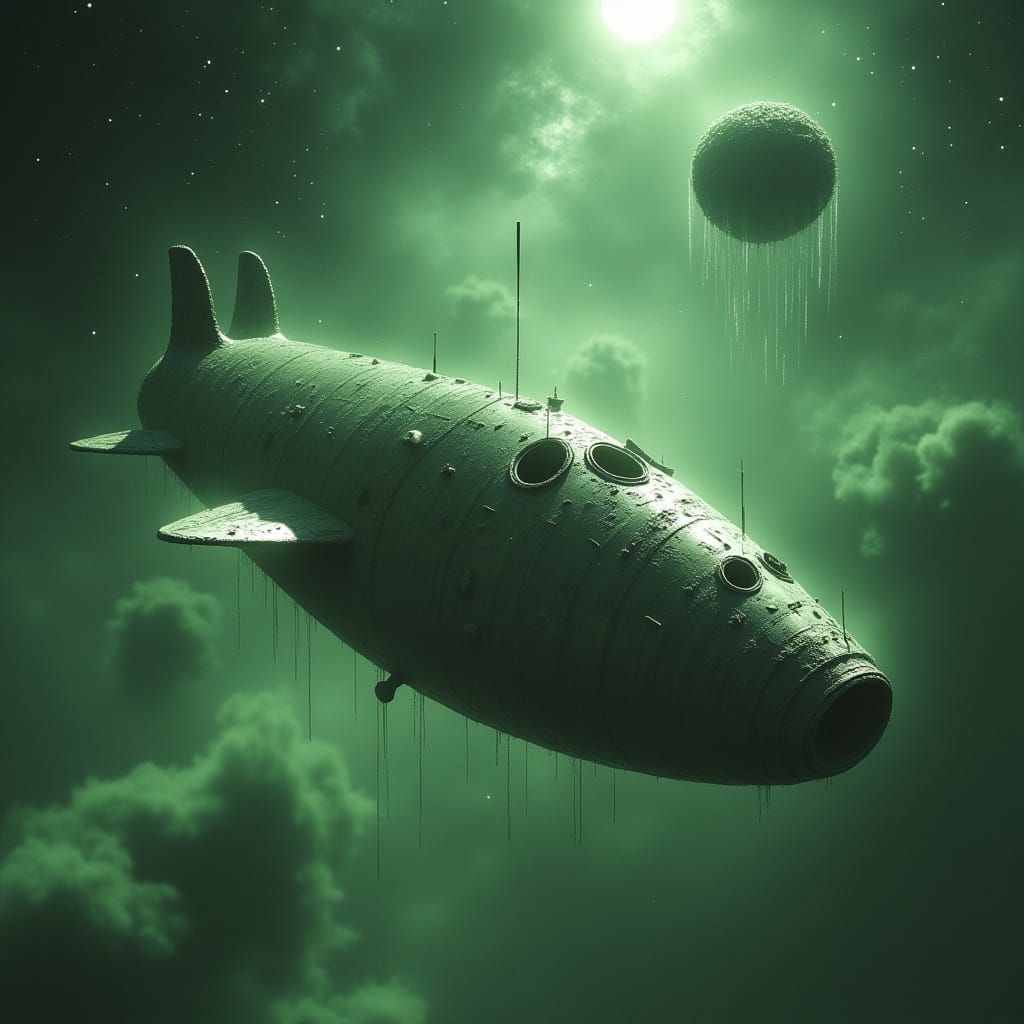 Surreal Sci-Fi Space Fish Ship Amidst Foggy Cosmos