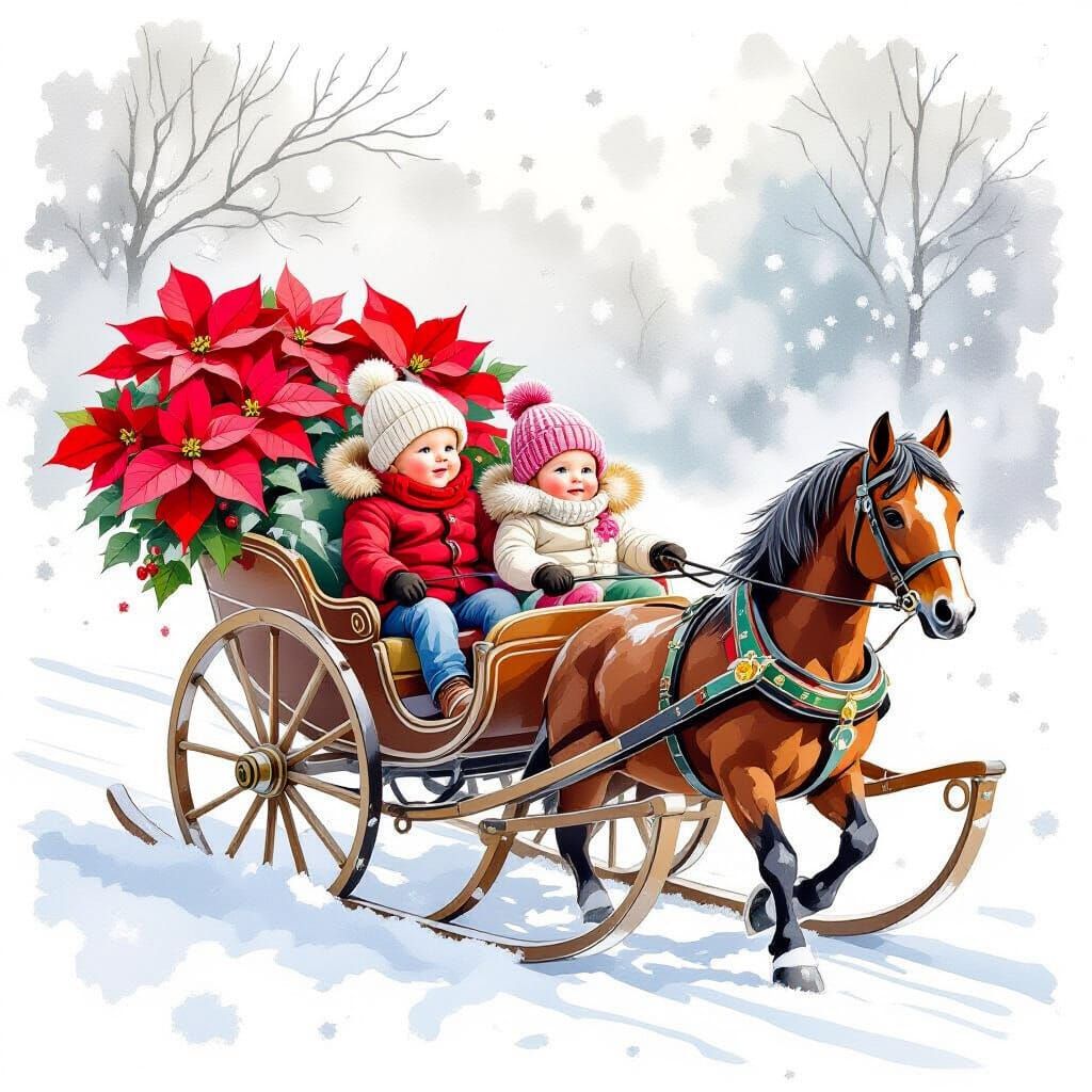 Ethereal Watercolour of Siblings in a Sleigh