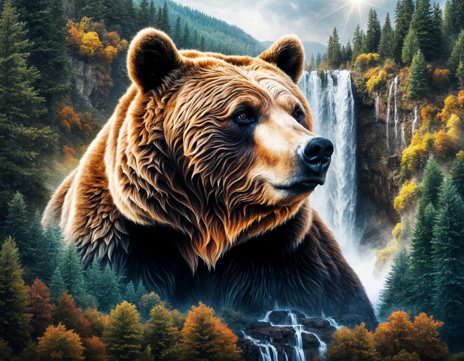 Brown Bear Double Exposure with Waterfalls