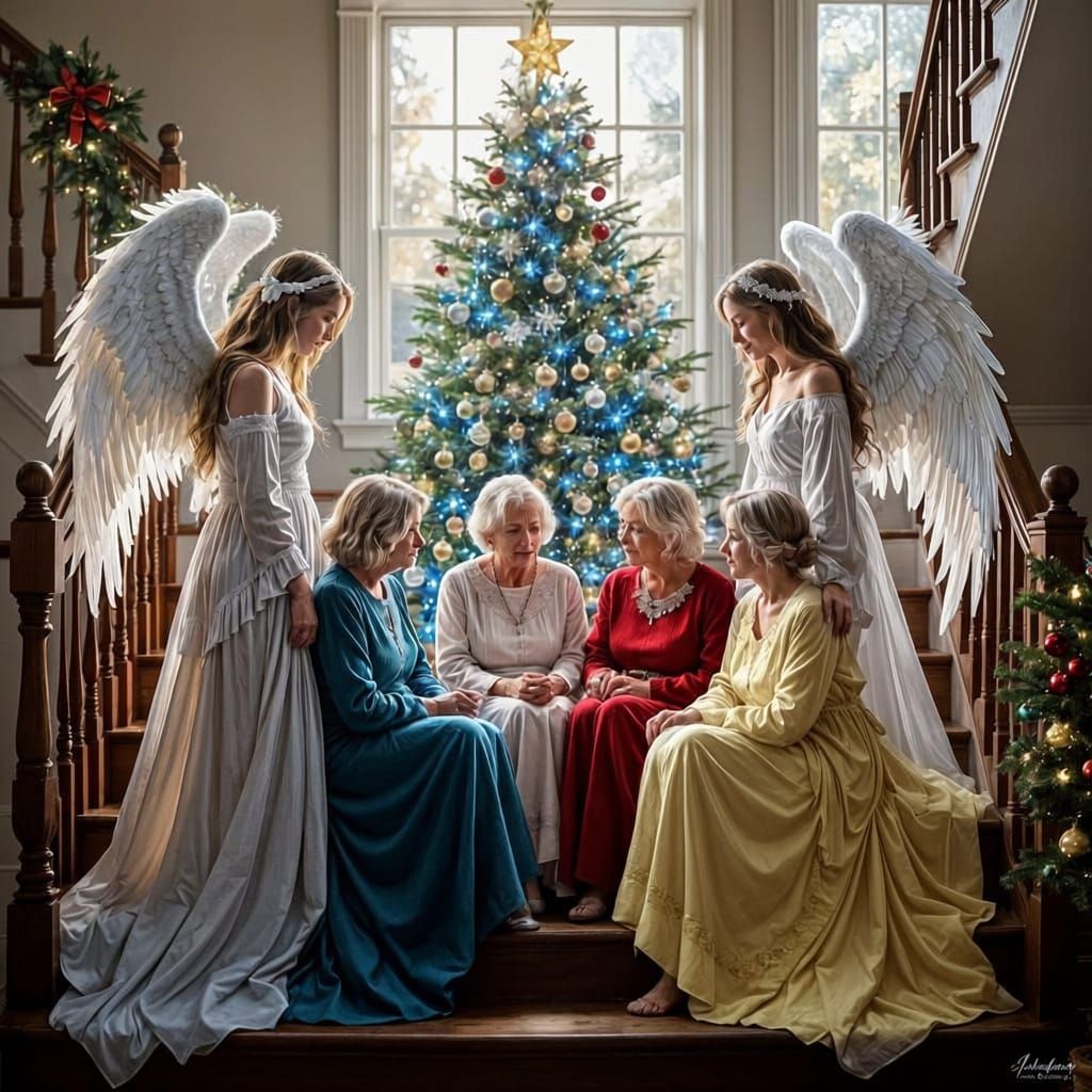 Angels Watch Over Sisters by Glowing Christmas Tree