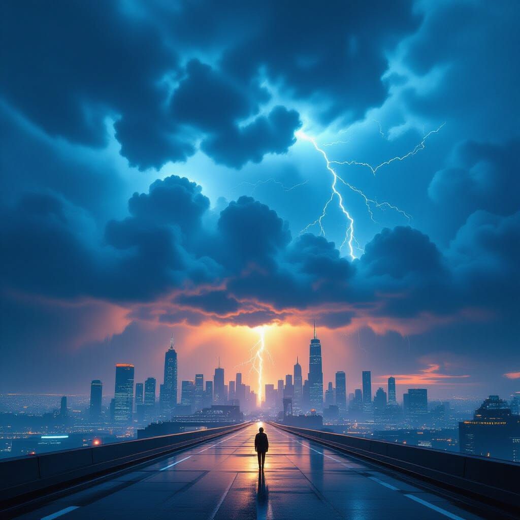 Futuristic Cityscape Under Stormy Sky: Cinematic Film Still