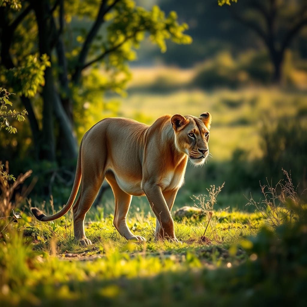 Pregnant Lioness Walking Through the Savannah
