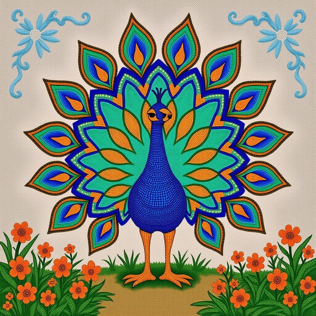 Beaded Peacock with Fanned Tail in Shimmering Colors