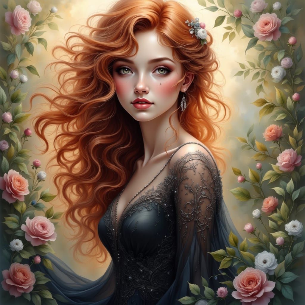 Elegant Redhead in Garden, Anime Style Gown