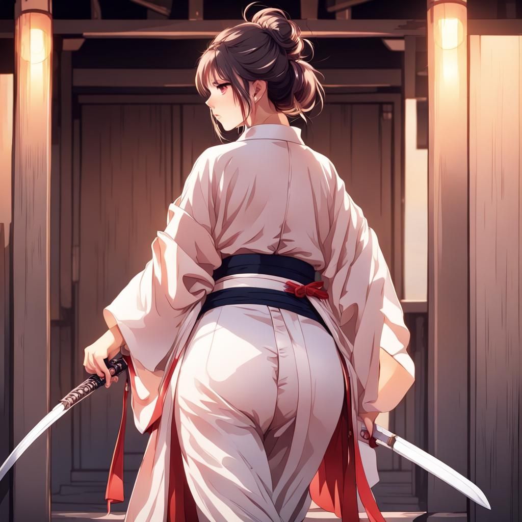 Graceful Anime Woman with Swords in Kimono