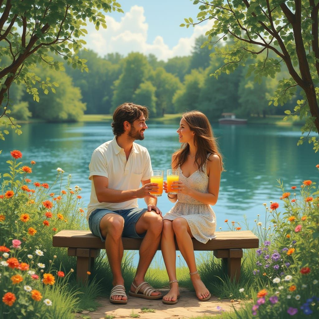 Lakeside Couple in Impressionist Style