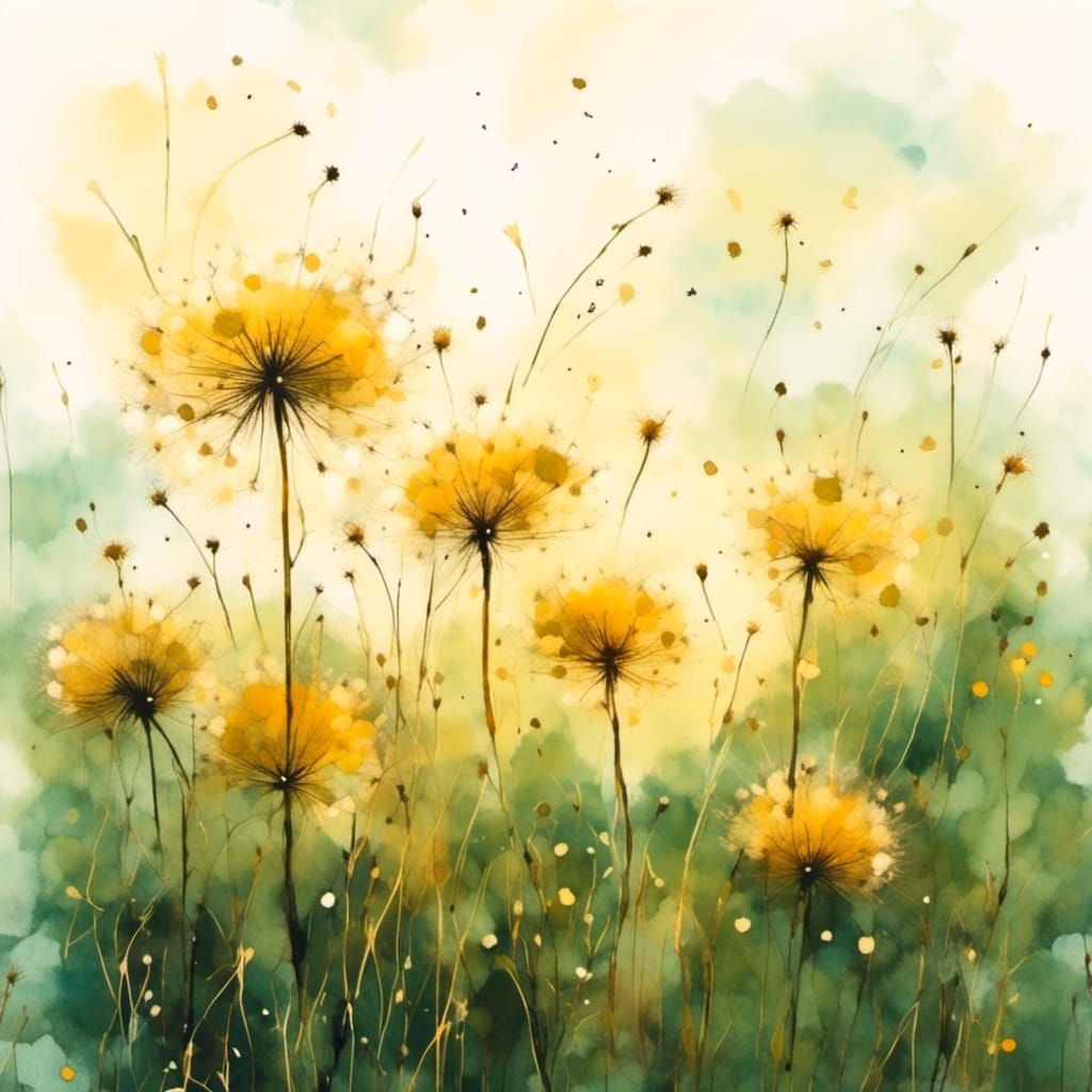 Dandelions Scattering Seeds in Impressionist Landscape