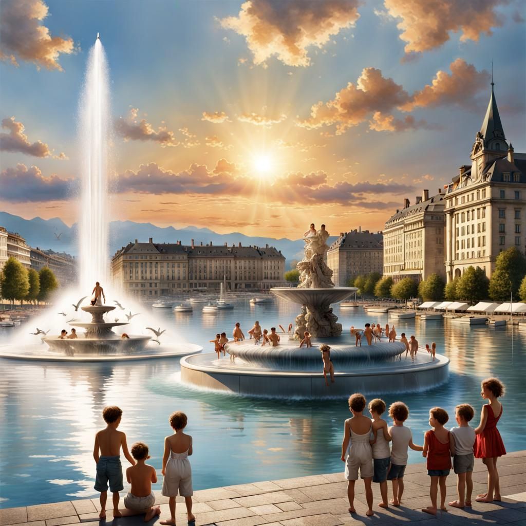 Geneva Harbor Fountain at Sunset, 8K Resolution