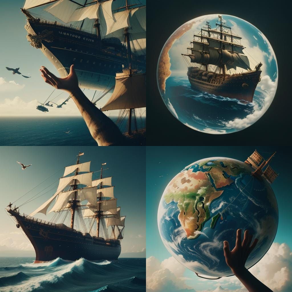 Epic Ship with Animals, Globe, and Hand