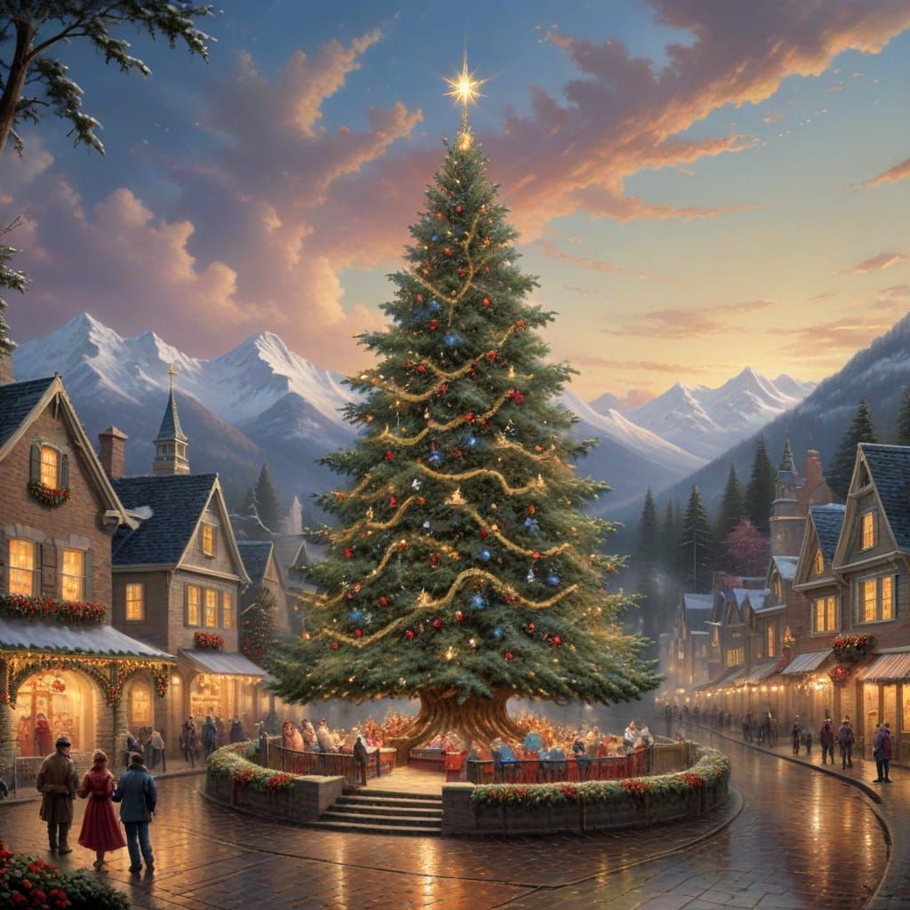 Giant Christmas Tree in Thomas Kinkade Style