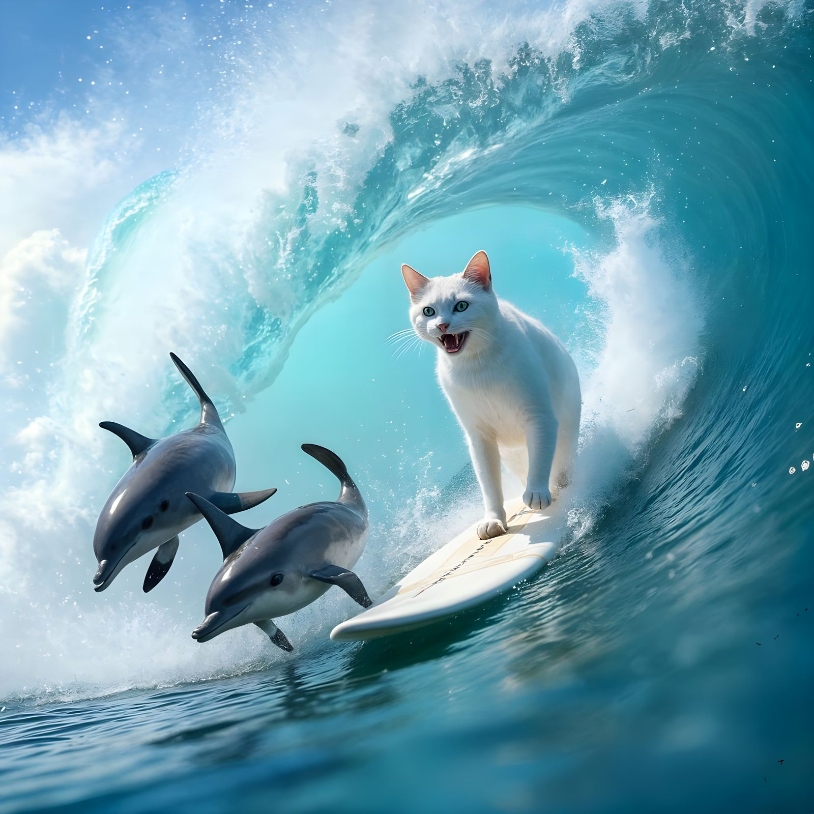 White Cat Surfs with Dolphins on Huge Wave