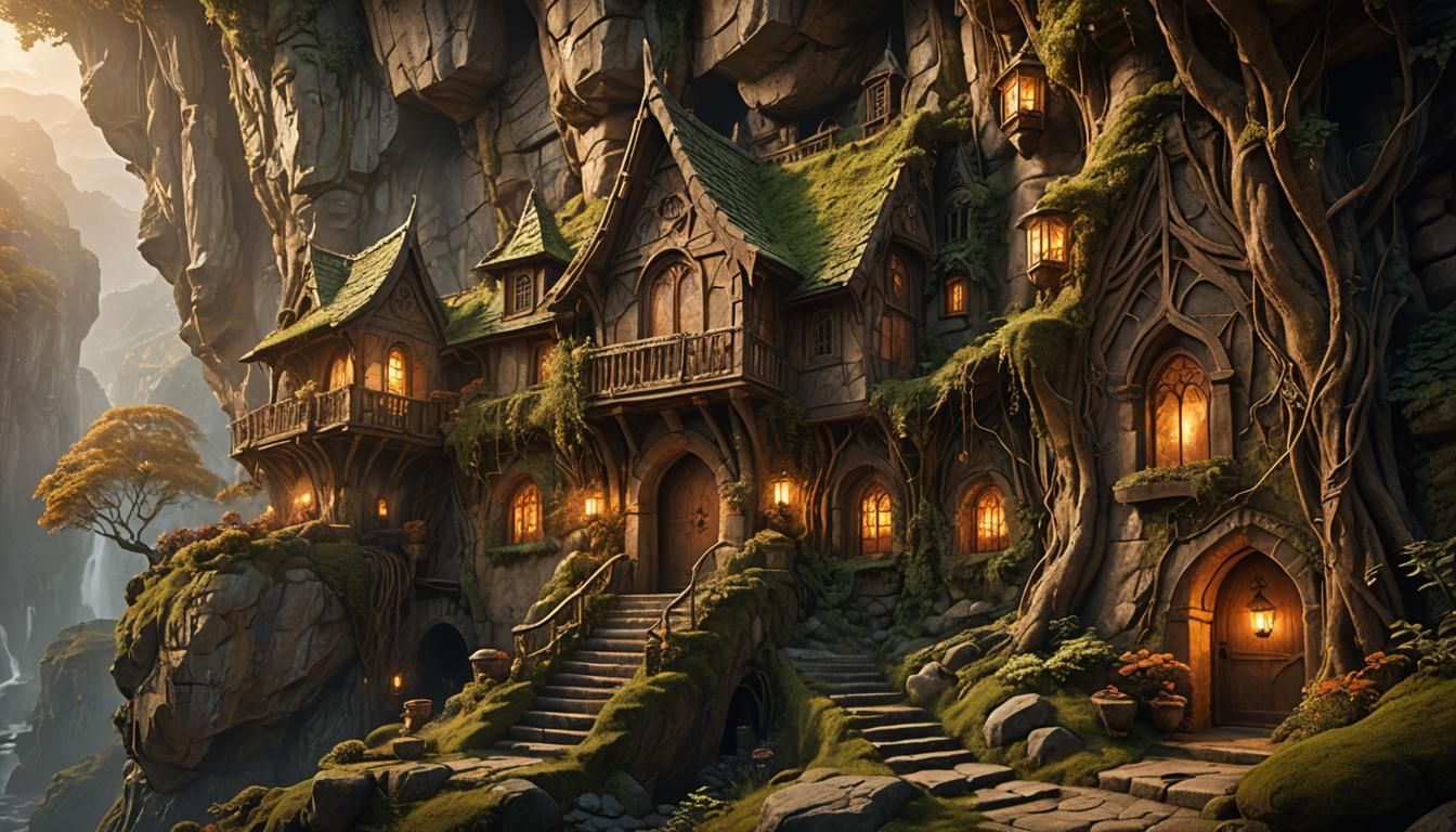 Rustic Elven Cliff House in Fantasy Landscape