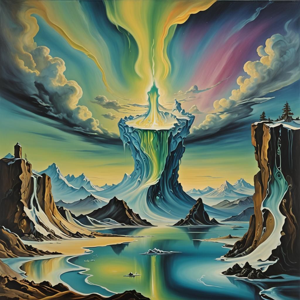 Surreal Northern Lights: A Dali-esque Oil Painting