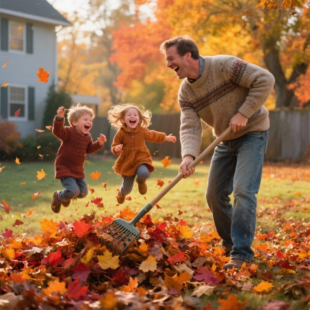 Joyful Autumn: Father and Children Playing in Leaves
