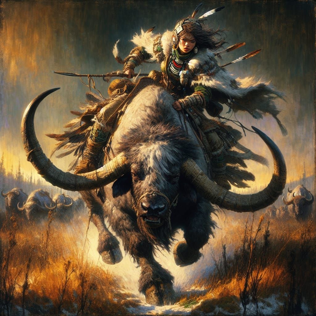 First Nation Warrior on Battle Buffalo in Taiga Prairie