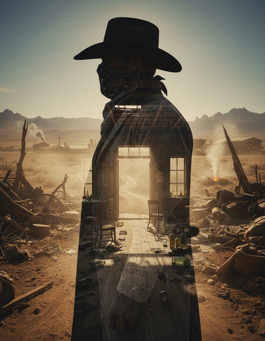 Lone Cowboy Double Exposure in Dusty Western Scene