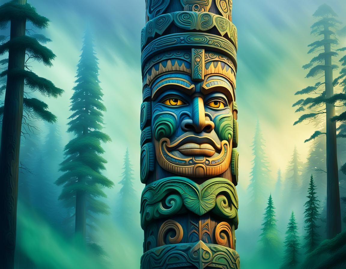 Towering Totem Pole in Misty Forest