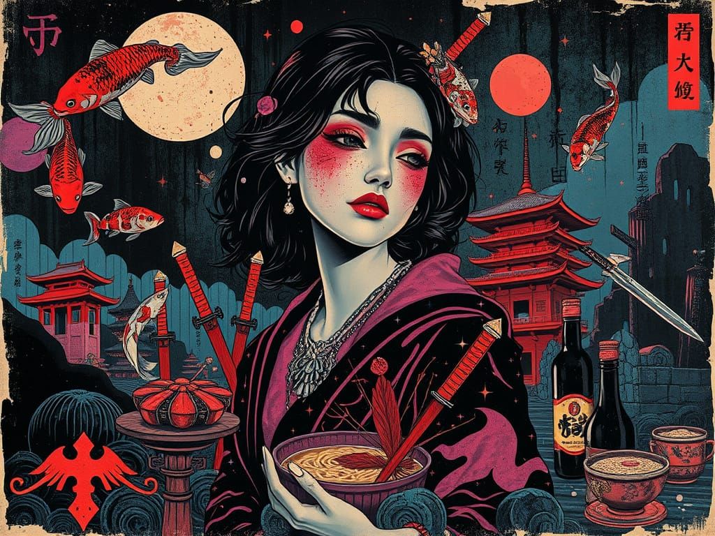 Surreal Noir Japanese Woman in Vintage Poster Style