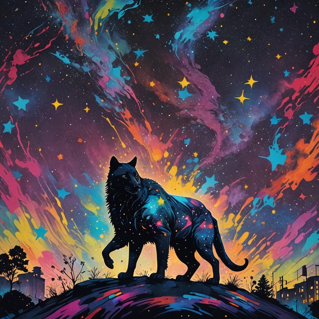 Animal Silhouette in Starry Night Sky, Graffiti Art
