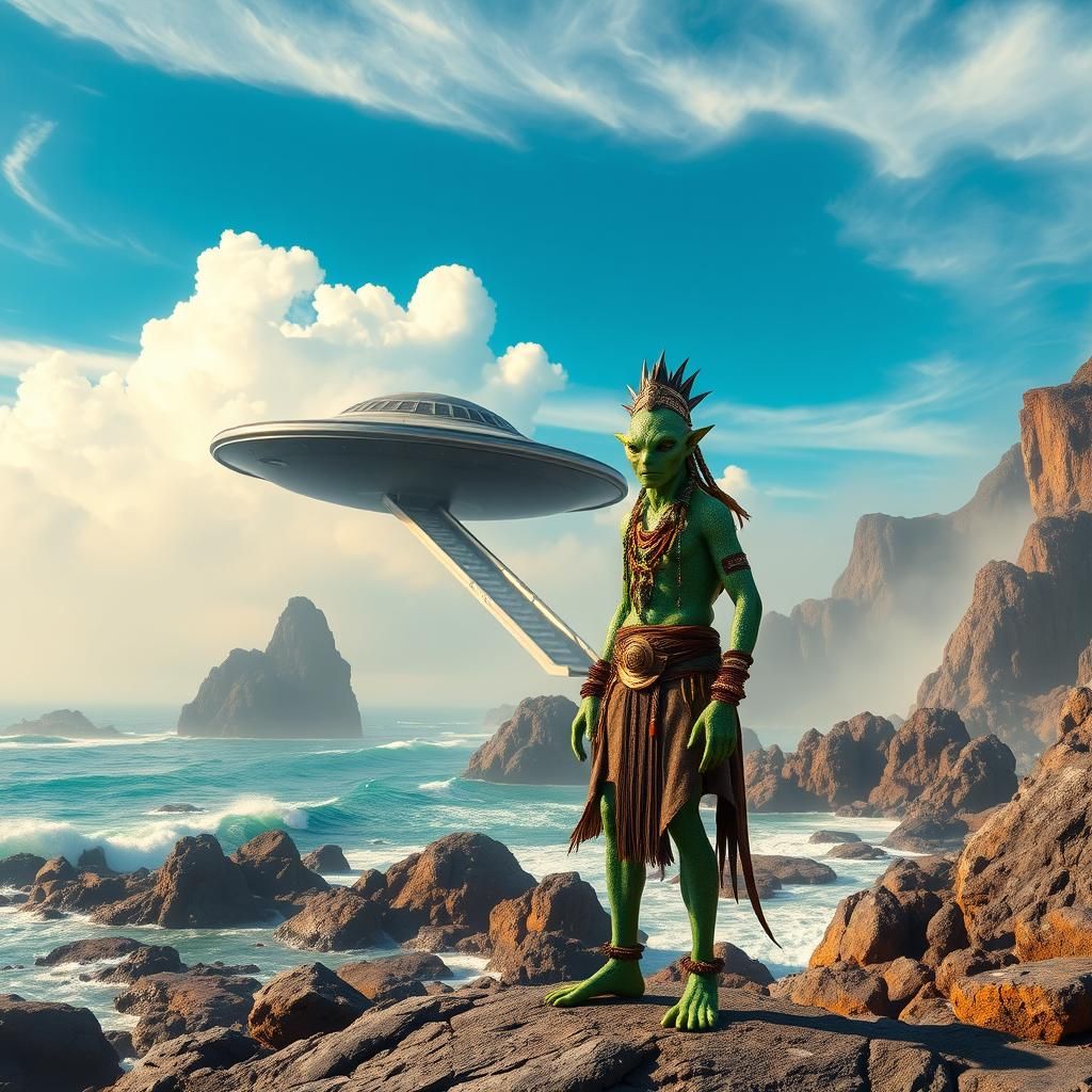 Alien Beside Spaceship on Shoreline in Matte Painting Style