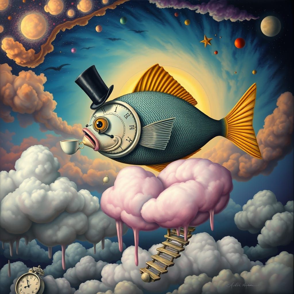 Surreal Floating Fish Sipping Tea on Candy Cloud