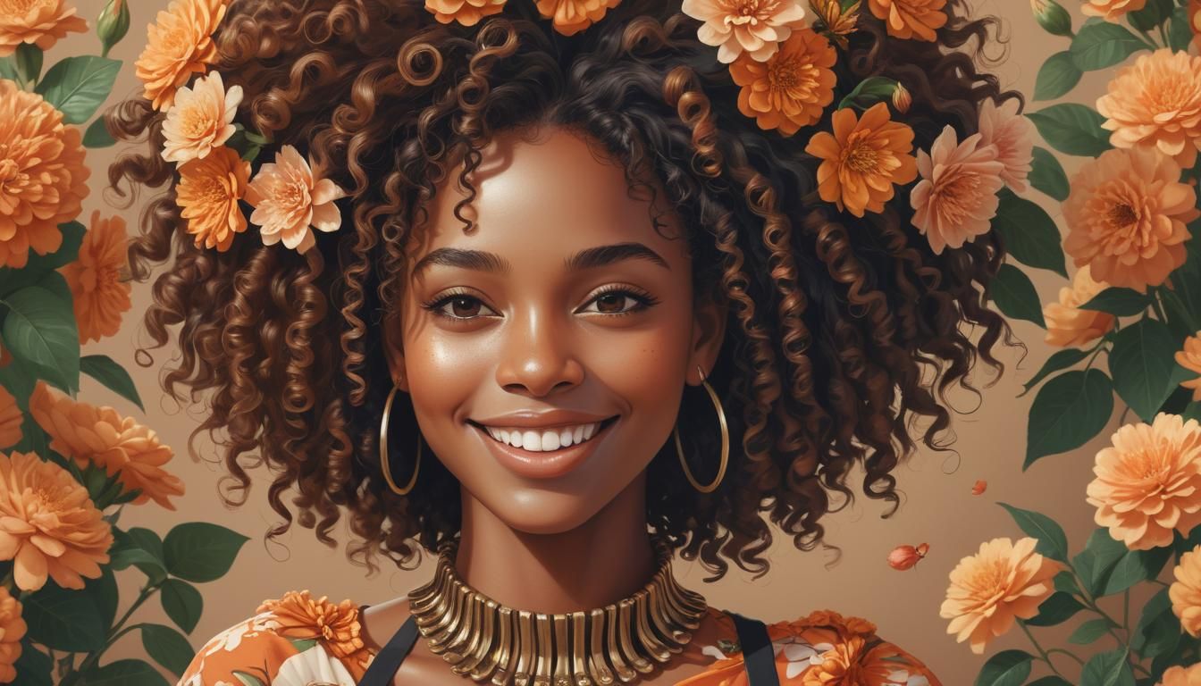 Beautiful Black Woman Portrait with Flowers, Flat Vector Art